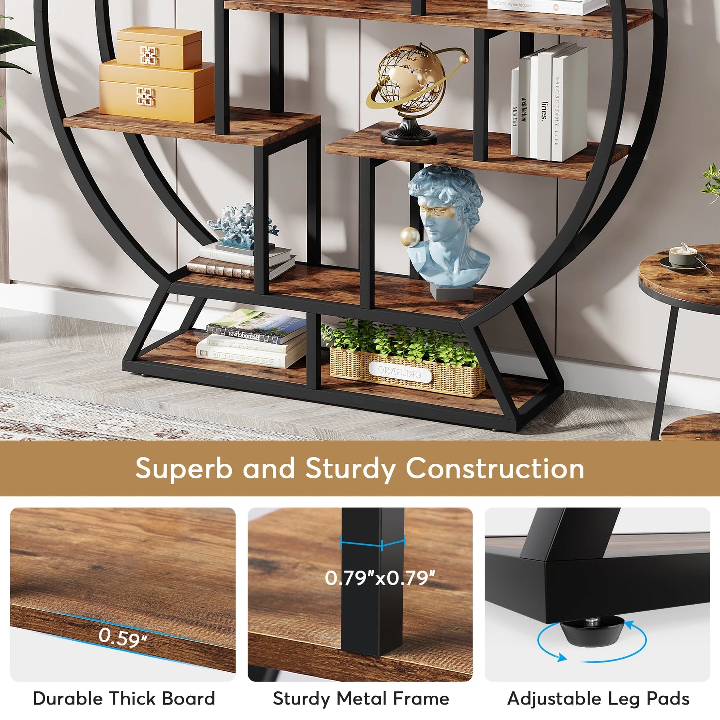 63-Inch Industrial Wood Book Shelf with Staggered Shelves