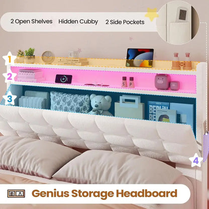 Twin Bed with LED Lights, Charging Station, Storage and Velvet Upholstery in Creamy White for Girls