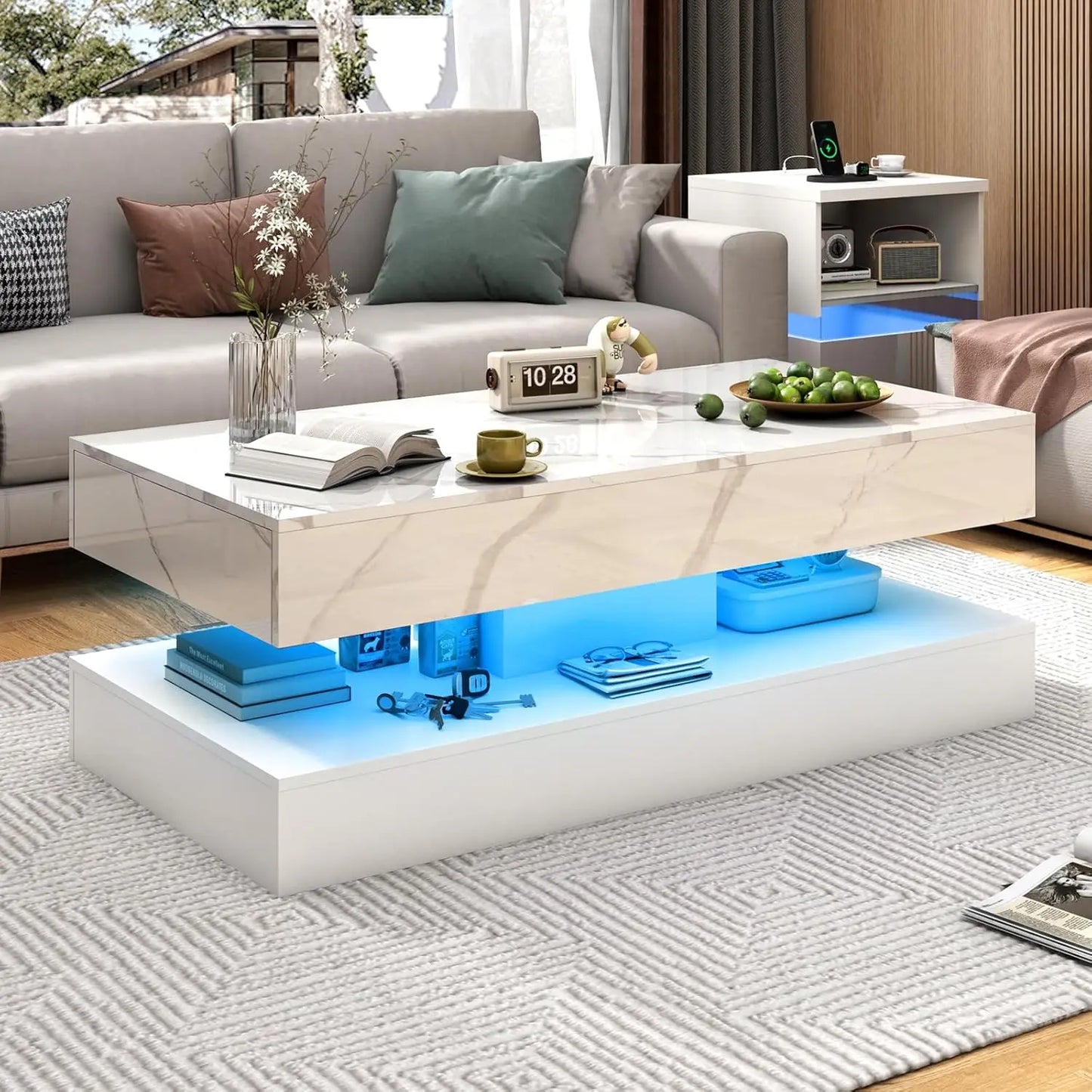 Modern Stylish Coffee Table with LED lights and 2 Storage Drawers