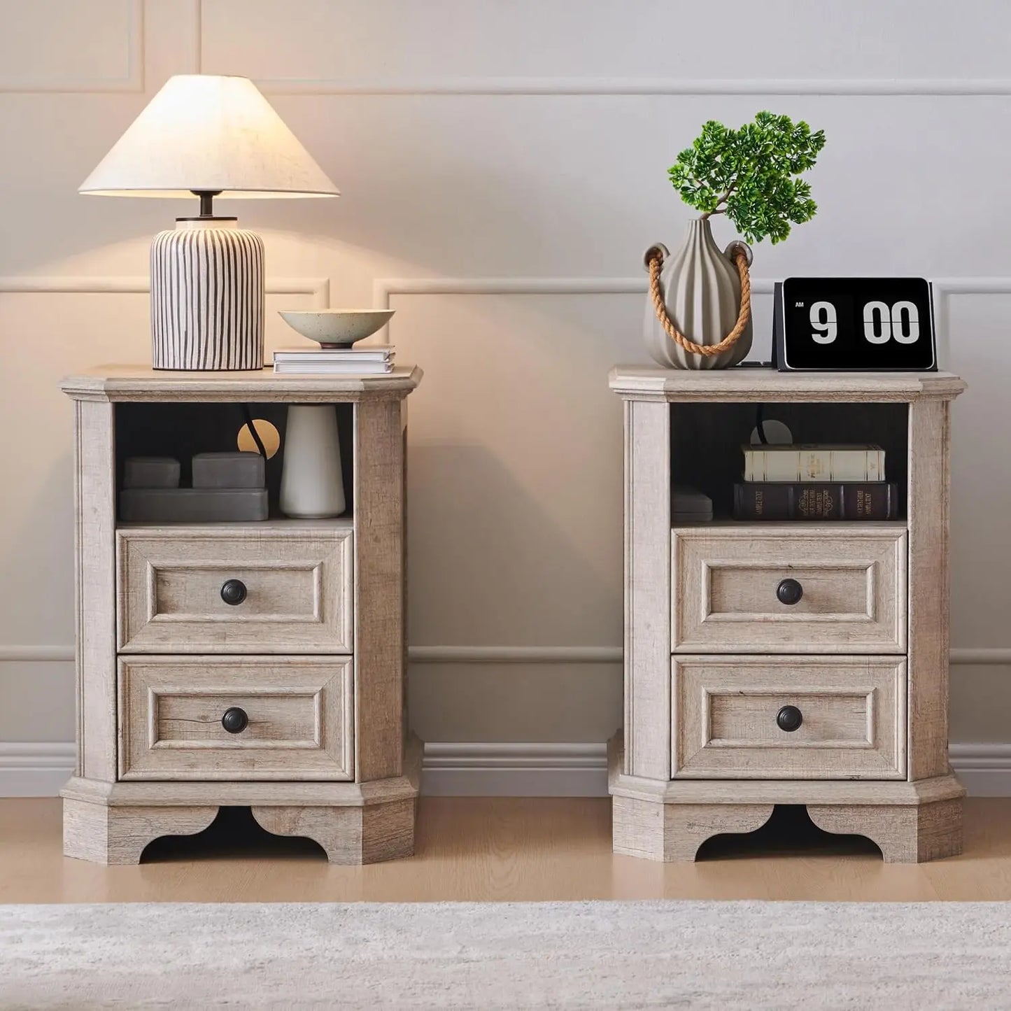 Farmhouse Nightstand Set of 2 with Charging Station 18' End Table with 2 Drawers