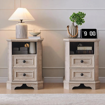 Farmhouse Nightstand Set of 2 with Charging Station 18' End Table with 2 Drawers