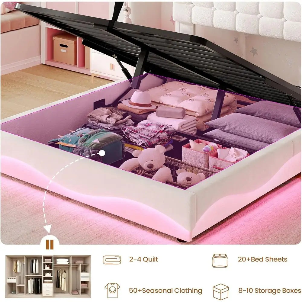 Twin Bed with LED Lights, Charging Station, Storage and Velvet Upholstery in Creamy White for Girls
