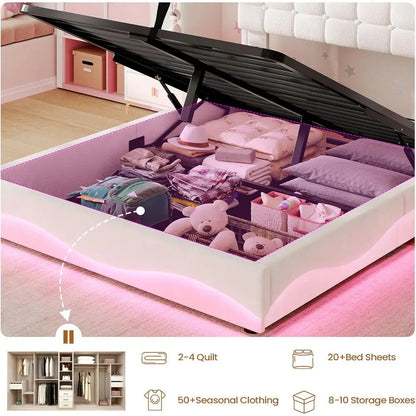 Twin Bed with LED Lights, Charging Station, Storage and Velvet Upholstery in Creamy White for Girls