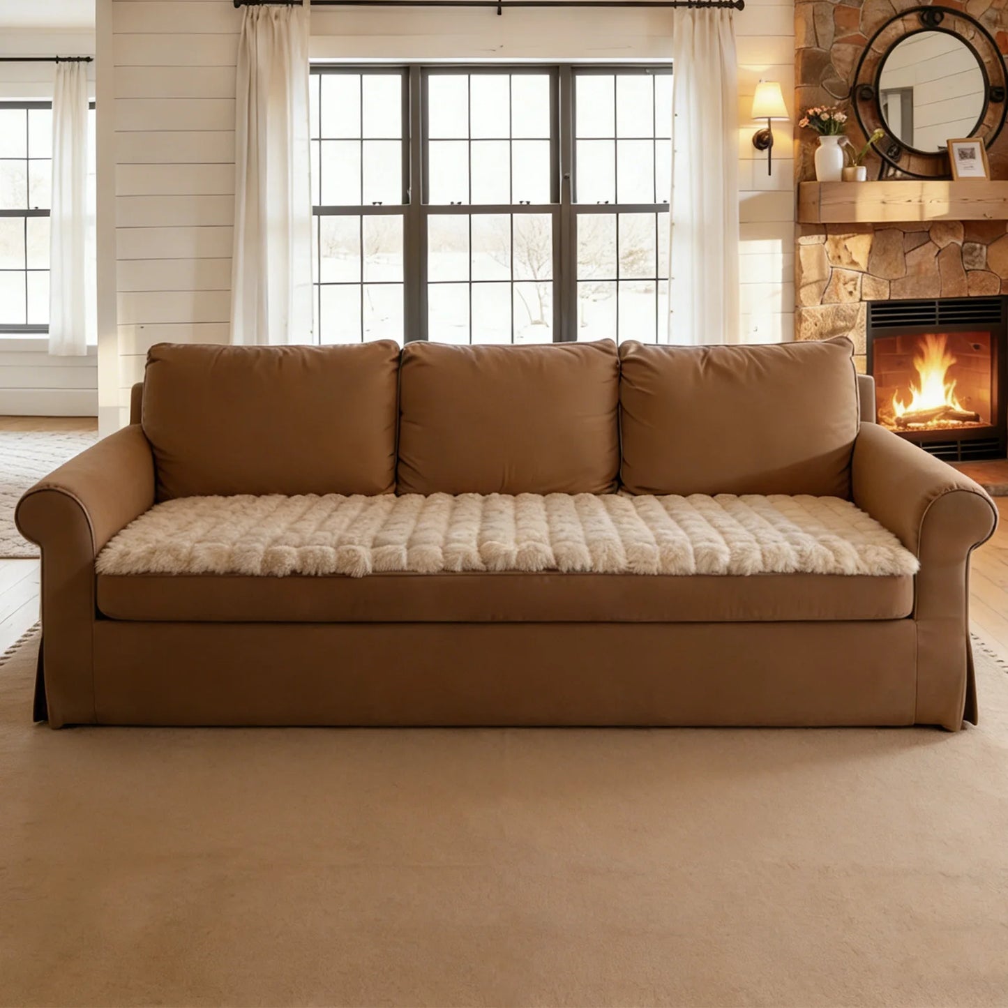 Thick Fluffy Faux Rabbit Fur Sofa Cover White Non-slip
