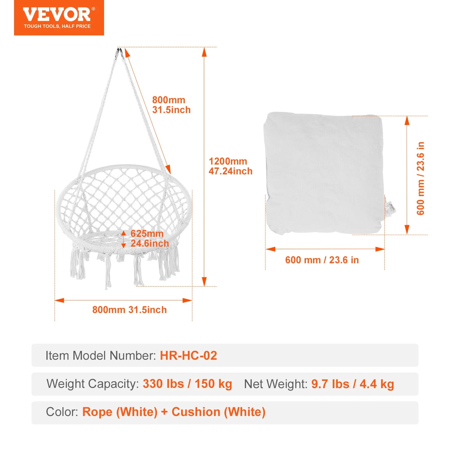 330lbs Macramé Hanging Rope Swing Chair for Bedroom, Balcony, Patio or Garden