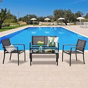 4 Pieces Patio Furniture Sets,Outdoor Patio Conversation Sets with Glass Coffee Table, Small Porch Balcony Furniture