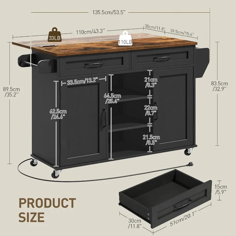 RALGEND Kitchen Island with Power Outlets & Drop Leaf, Kitchen Cart with Storage, Drawer and Spice Rack, Tower Rack