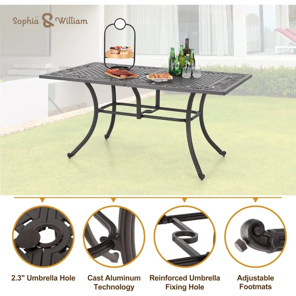 6-Person Rectangular Cast Aluminium Outdoor Dining Table, Patio Bistro Table with 2.3" Umbrella Hole for Porch Backyard