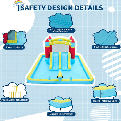 14FT Inflatable Bounce House Jump House For Kids With Slide, 350W Blower, 7-in-1 Indoor Outdoor Water Park Splash Pool