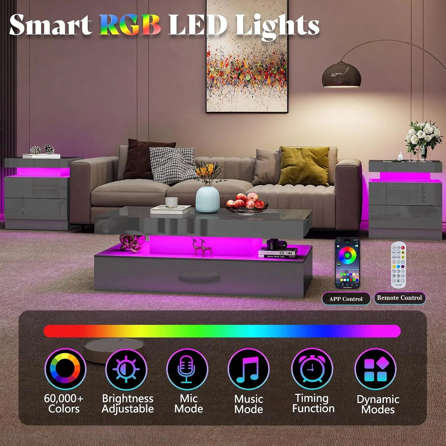 High Gloss End Table Set of 2 with Charging Station, Modern Bedside Table Night Stand with LED Lights,Customized