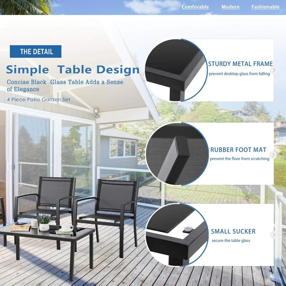 4 Pieces Patio Furniture Sets,Outdoor Patio Conversation Sets with Glass Coffee Table, Small Porch Balcony Furniture