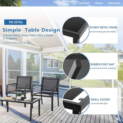 4 Pieces Patio Furniture Sets,Outdoor Patio Conversation Sets with Glass Coffee Table, Small Porch Balcony Furniture