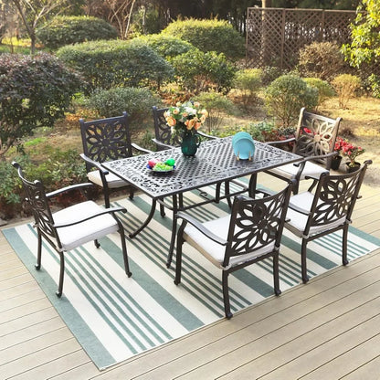 6-Person Rectangular Cast Aluminium Outdoor Dining Table, Patio Bistro Table with 2.3" Umbrella Hole for Porch Backyard