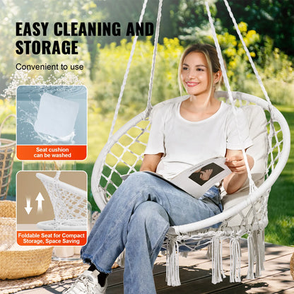 330lbs Macramé Hanging Rope Swing Chair for Bedroom, Balcony, Patio or Garden