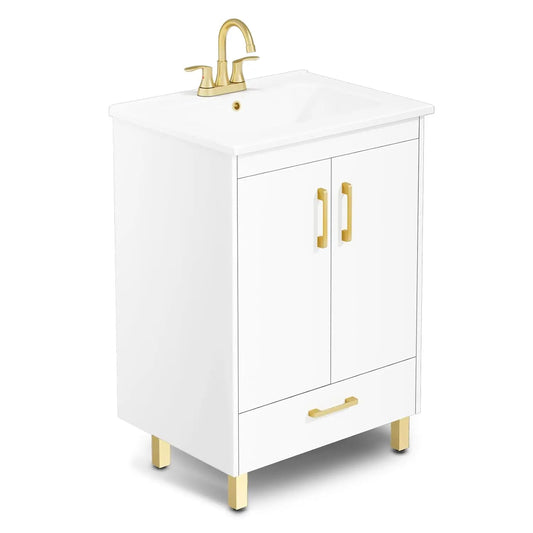 Fully Pre-Assembled 24 inch White Bathroom Vanity with Ceramic Sink Combo, 2 Soft Close Doors and 1 Drawer Bathroom, Customized