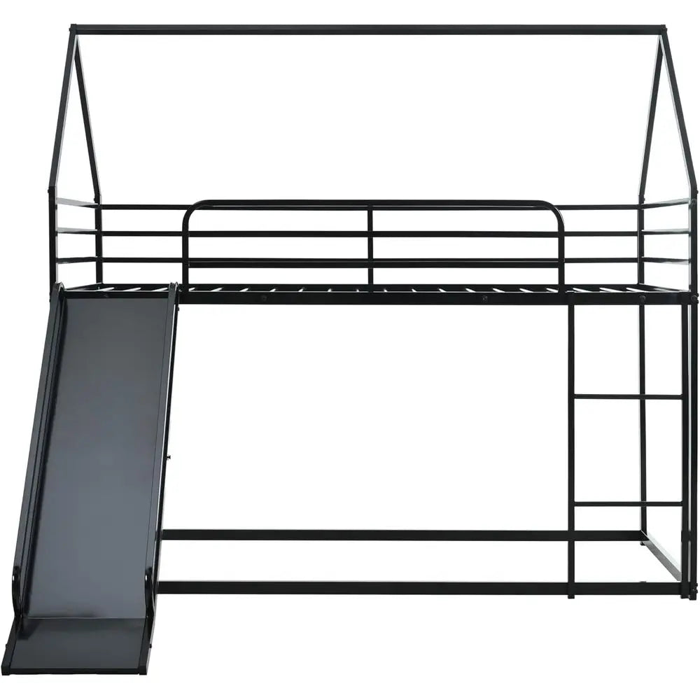 Bunk Bed with Slide or Kids,Bunk Bed Twin Over Twin, Metal Junior House Low Bunk Bed, Toddler loor Bunk Beds e with Guardrail or
