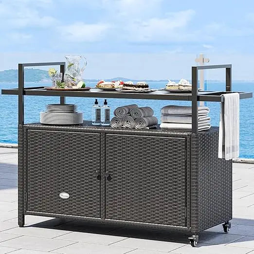 Large Outdoor Kitchen Wicker Island Rolling Cart, Patio Storage Cabinet w/Wheels