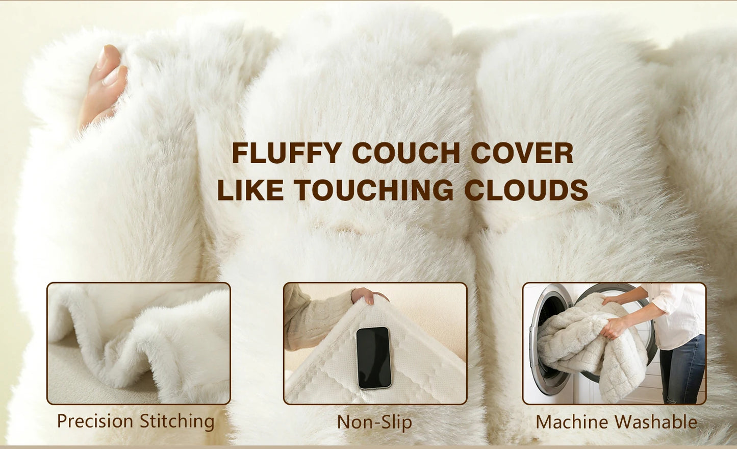 Thick Fluffy Faux Rabbit Fur Sofa Cover White Non-slip