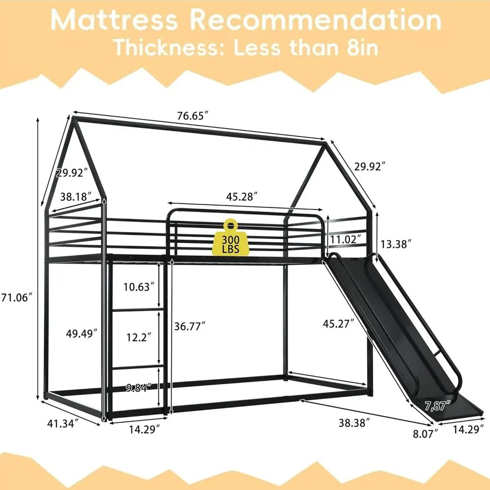 Bunk Bed with Slide or Kids,Bunk Bed Twin Over Twin, Metal Junior House Low Bunk Bed, Toddler loor Bunk Beds e with Guardrail or