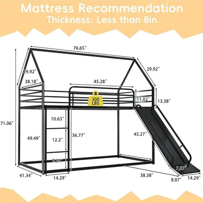 Bunk Bed with Slide or Kids,Bunk Bed Twin Over Twin, Metal Junior House Low Bunk Bed, Toddler loor Bunk Beds e with Guardrail or