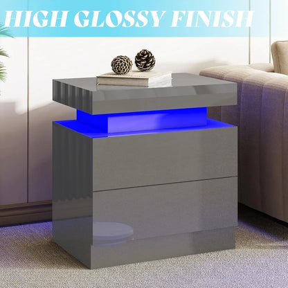 High Gloss End Table Set of 2 with Charging Station, Modern Bedside Table Night Stand with LED Lights,Customized