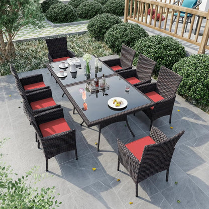 10 Piece Outdoor Dining Set, All-Weather Rattan Patio Furniture Set with Umbrella Hole Tempered Glass Square Table,, Customized