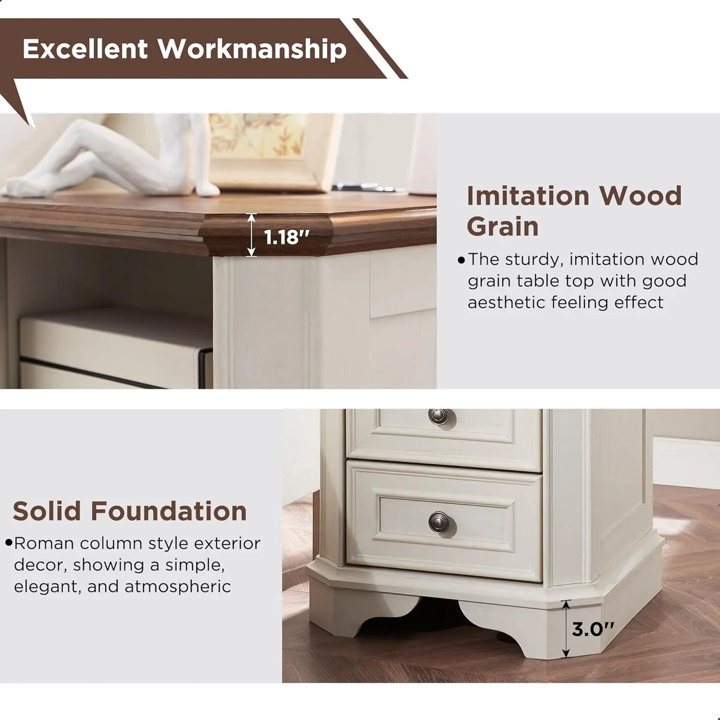 Farmhouse Nightstand Set of 2 with Charging Station 18' End Table with 2 Drawers