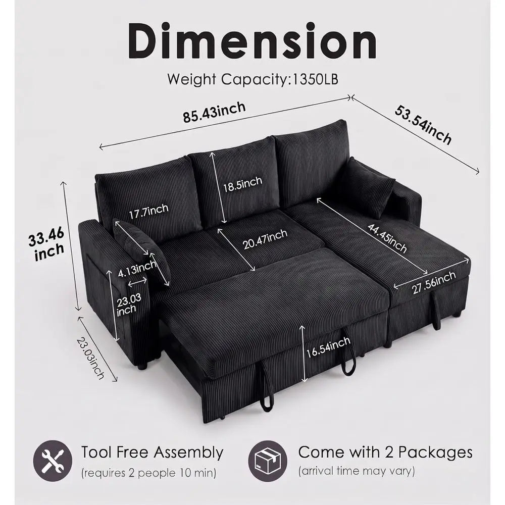 86in Reversible Sectional Soa Couch, Sleeper Soa Bed with Storage Chaise Pull Out Couch or Living Room (Deepblack)