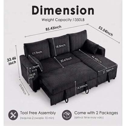 86in Reversible Sectional Soa Couch, Sleeper Soa Bed with Storage Chaise Pull Out Couch or Living Room (Deepblack)