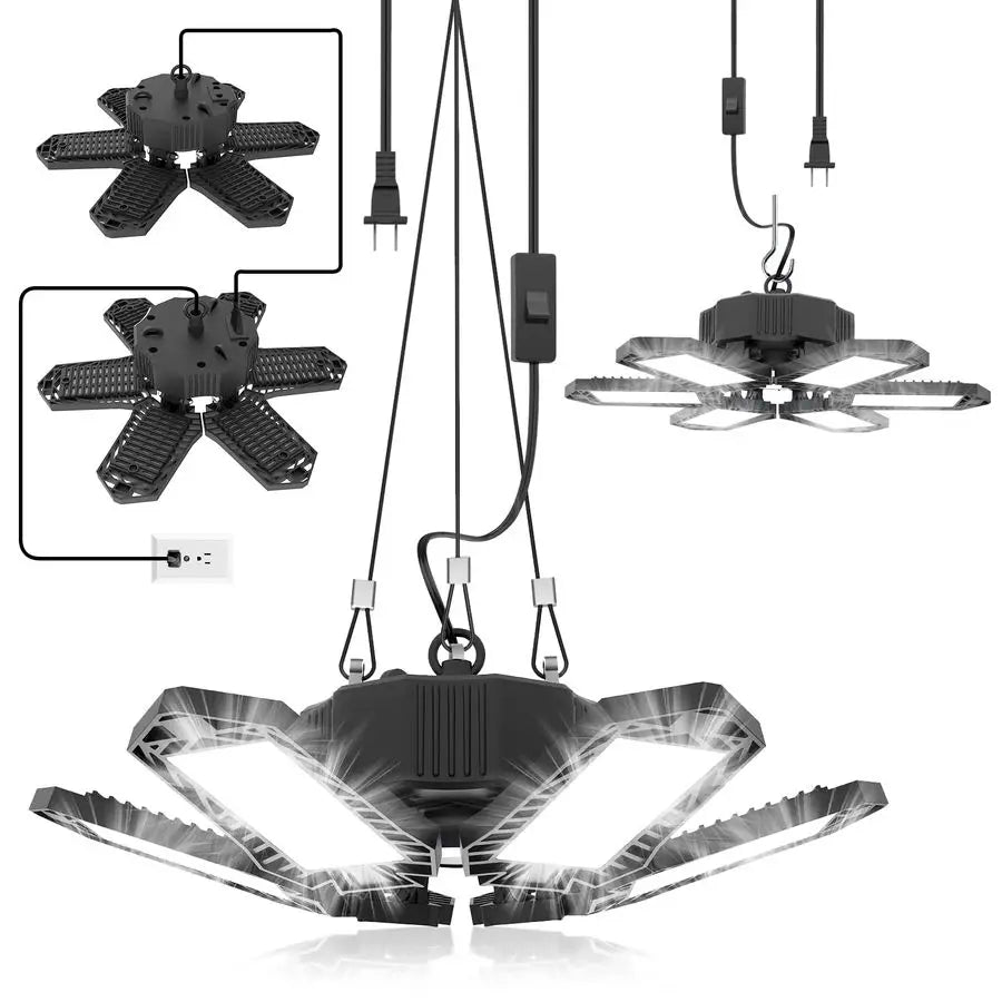 2 Pack Plug in Garage Light,  200W  Linkable LED Shop Light, 6500K Ceiling Lights w 6 Deformable Panels