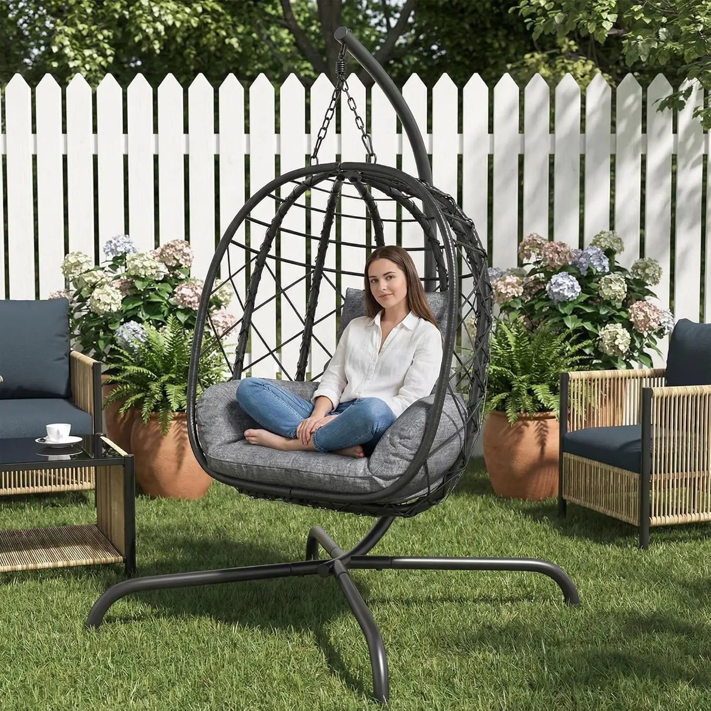Wicker Foldable Hanging Egg Chair with Stand