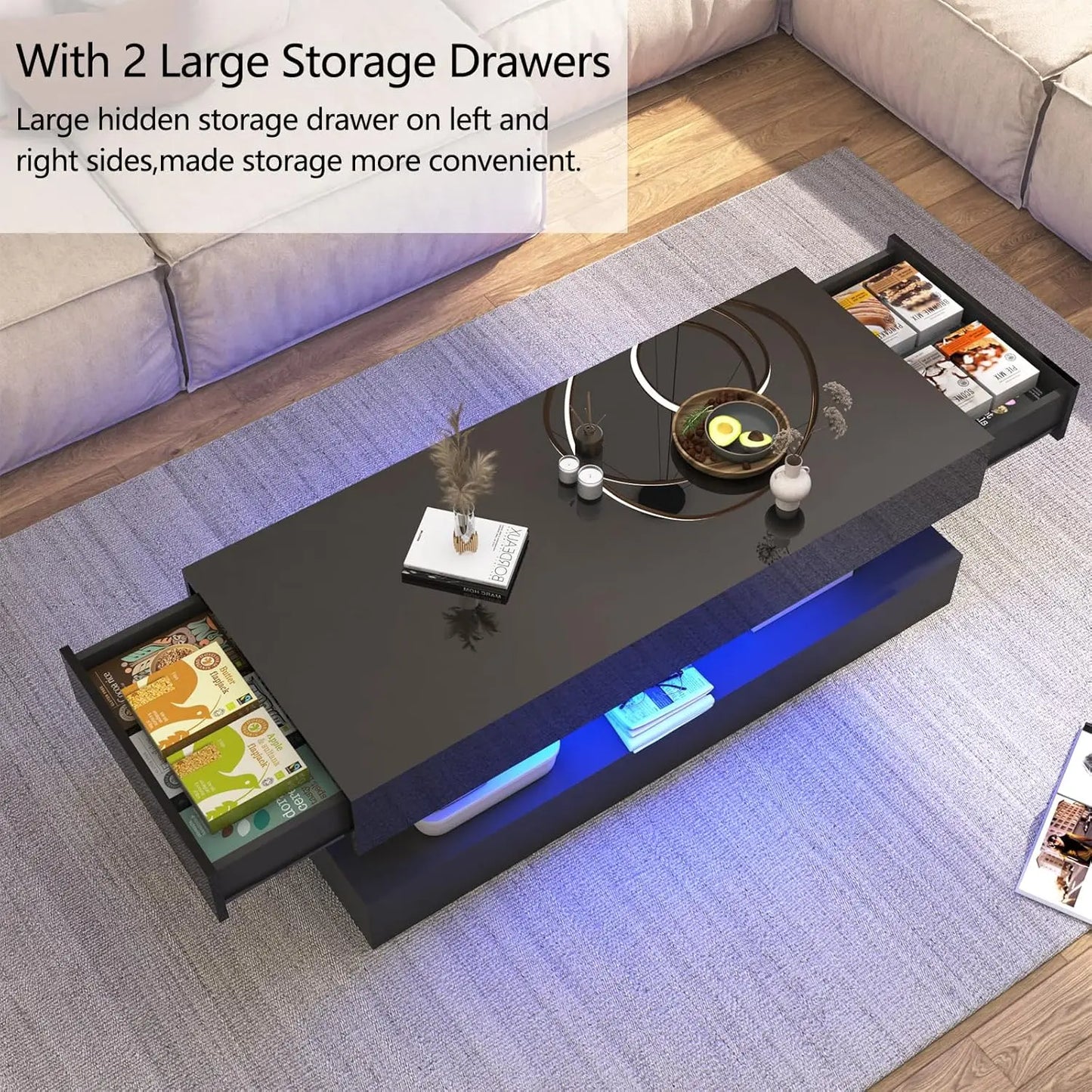 Modern Stylish Coffee Table with LED lights and 2 Storage Drawers