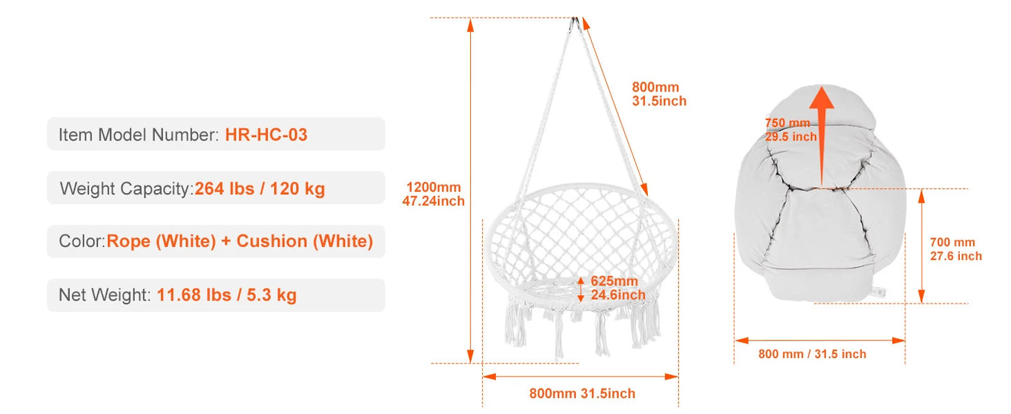330lbs Macramé Hanging Rope Swing Chair for Bedroom, Balcony, Patio or Garden