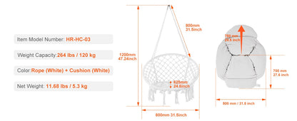 330lbs Macramé Hanging Rope Swing Chair for Bedroom, Balcony, Patio or Garden