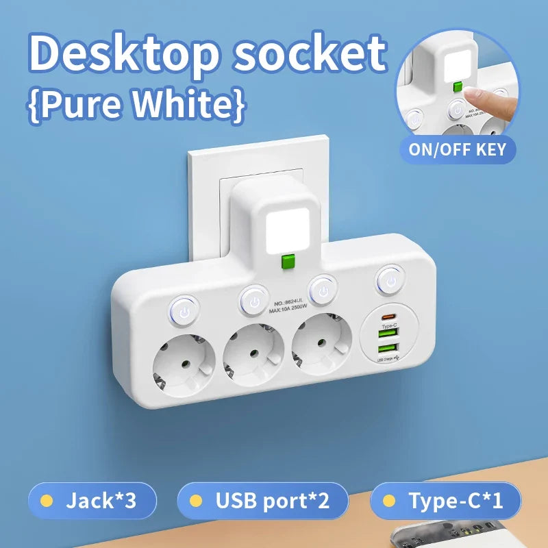 EU Plug Socket 4 Sockets Power Strip With 2 USB Type-C Port Without Extension Wall Charger Adapter For Home Offices