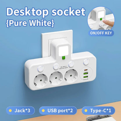 EU Plug Socket 4 Sockets Power Strip With 2 USB Type-C Port Without Extension Wall Charger Adapter For Home Offices