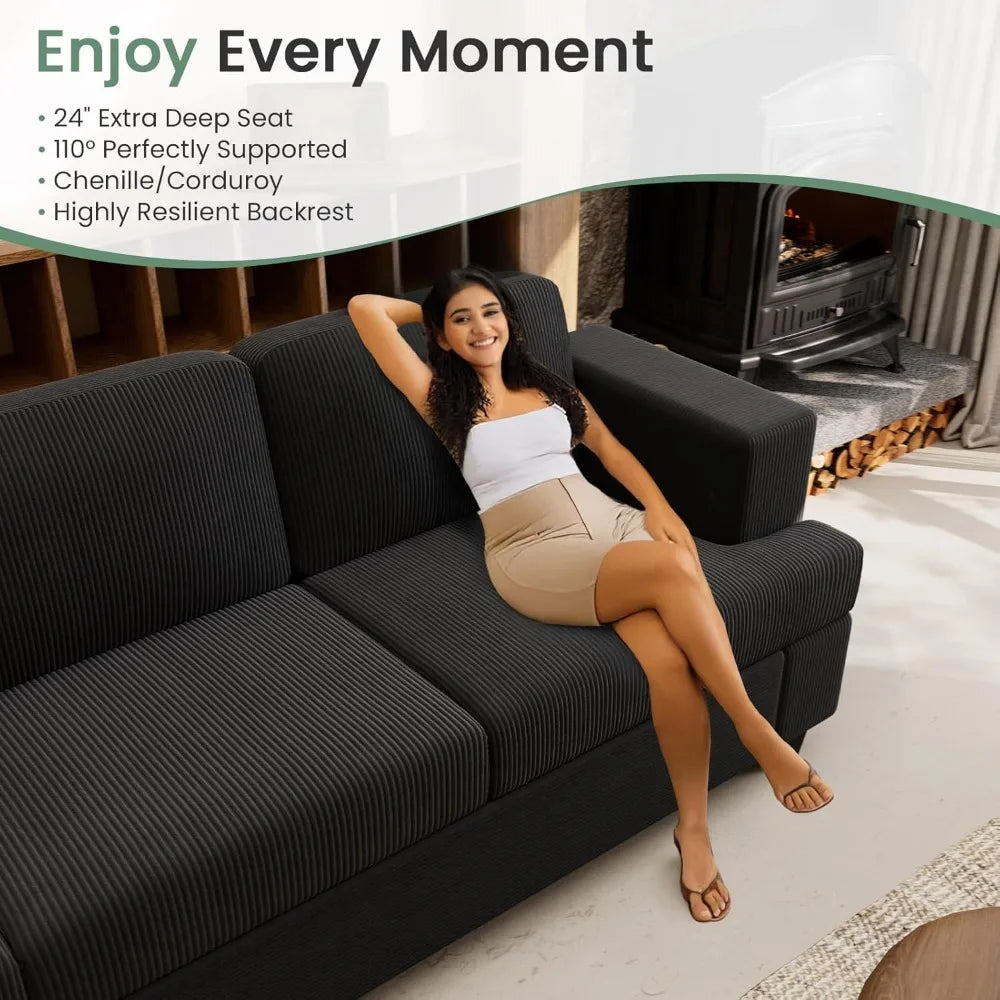 2 Pieces Corduroy Sofa Set for Living Room, Black Cloud Couch, Deep Seat Floor Couch for Bedroom, Futon Modern Sofa, Customized