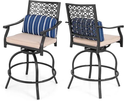 Swivel Counter Height Bar Stools with Footrest, Seat Cushions & Lumbar Pillows