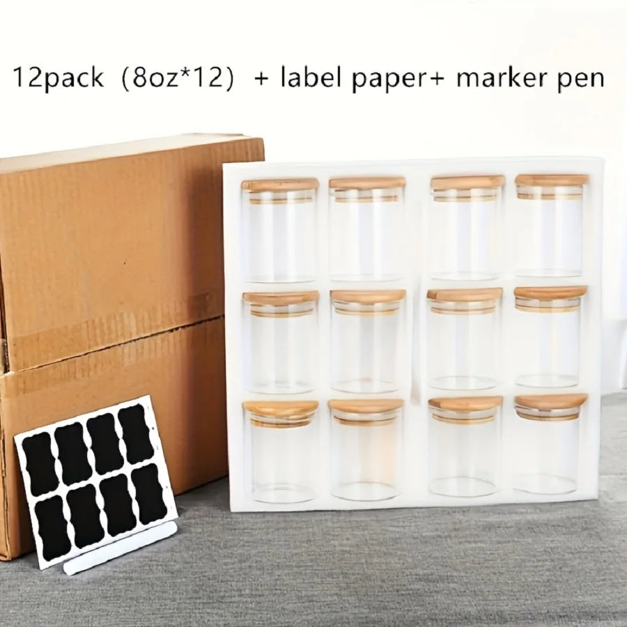 12pcs/set Airtight Glass Storage Jar with Bamboo Lid