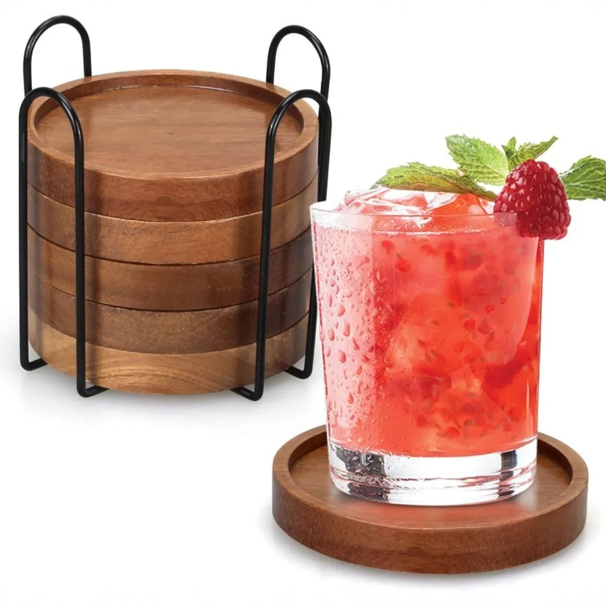 Wood Coasters for Drinks Absorbent Wooden Coasters with Holder for Table