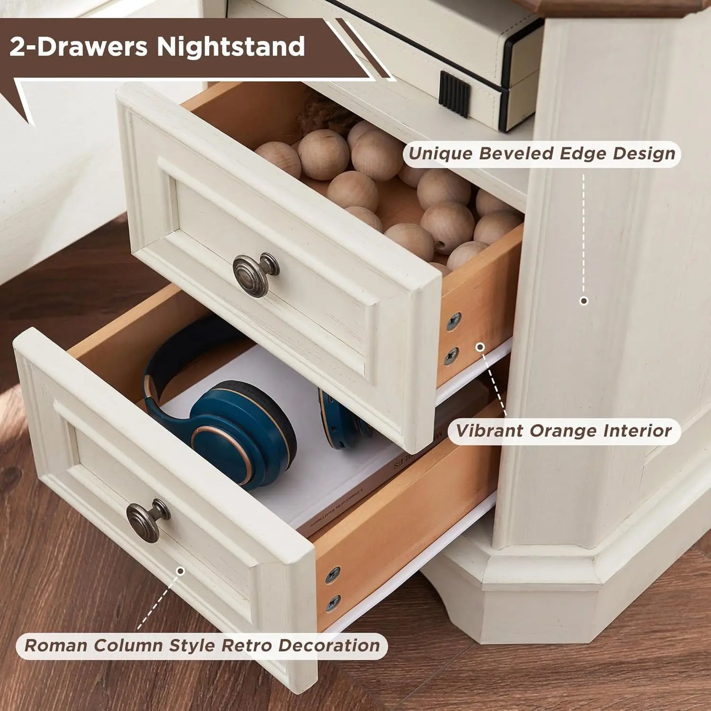 Farmhouse Nightstand Set of 2 with Charging Station 18' End Table with 2 Drawers