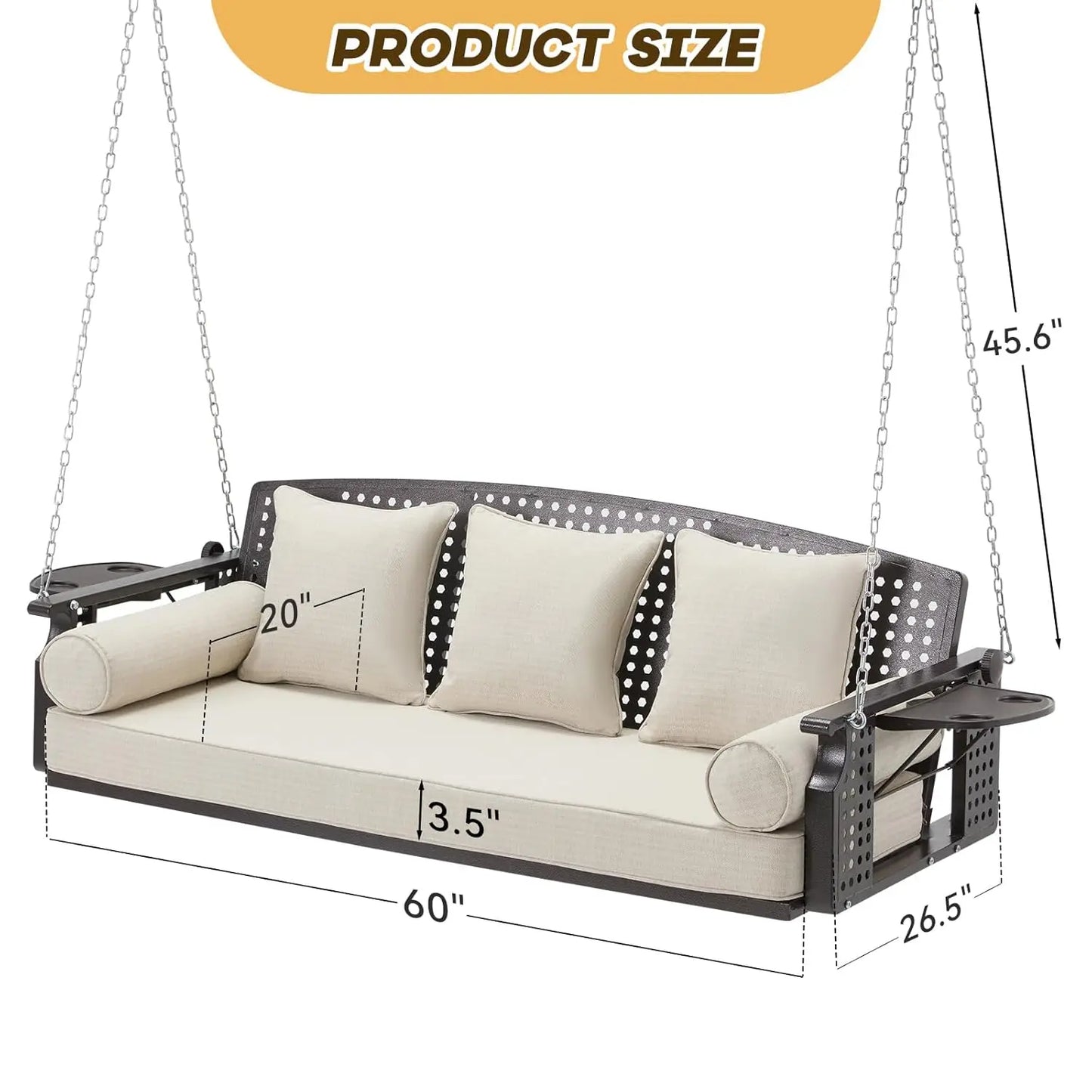 3 Seat Porch Swing with Cup Holders & 3 Back Cushions, includes Chains