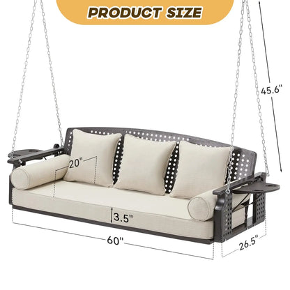 3 Seat Porch Swing with Cup Holders & 3 Back Cushions, includes Chains