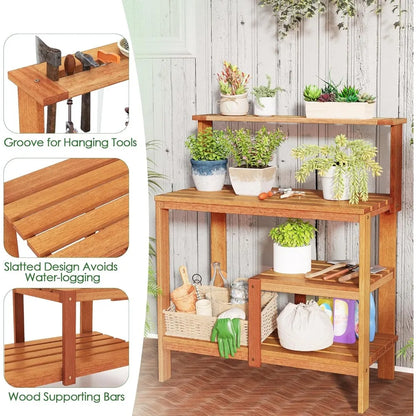 Garden Potting Table, Solid Wood Potting Table with Trellis, Open Shelves, Teak Oil Finish, Gardening Workstation & Planting Wor