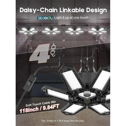 2 Pack Plug in Garage Light,  200W  Linkable LED Shop Light, 6500K Ceiling Lights w 6 Deformable Panels