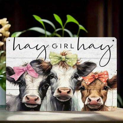1PC Tin Sign Hay Girl Cow Art  Durable Metal, 8x12 Inches/20x30 Cm