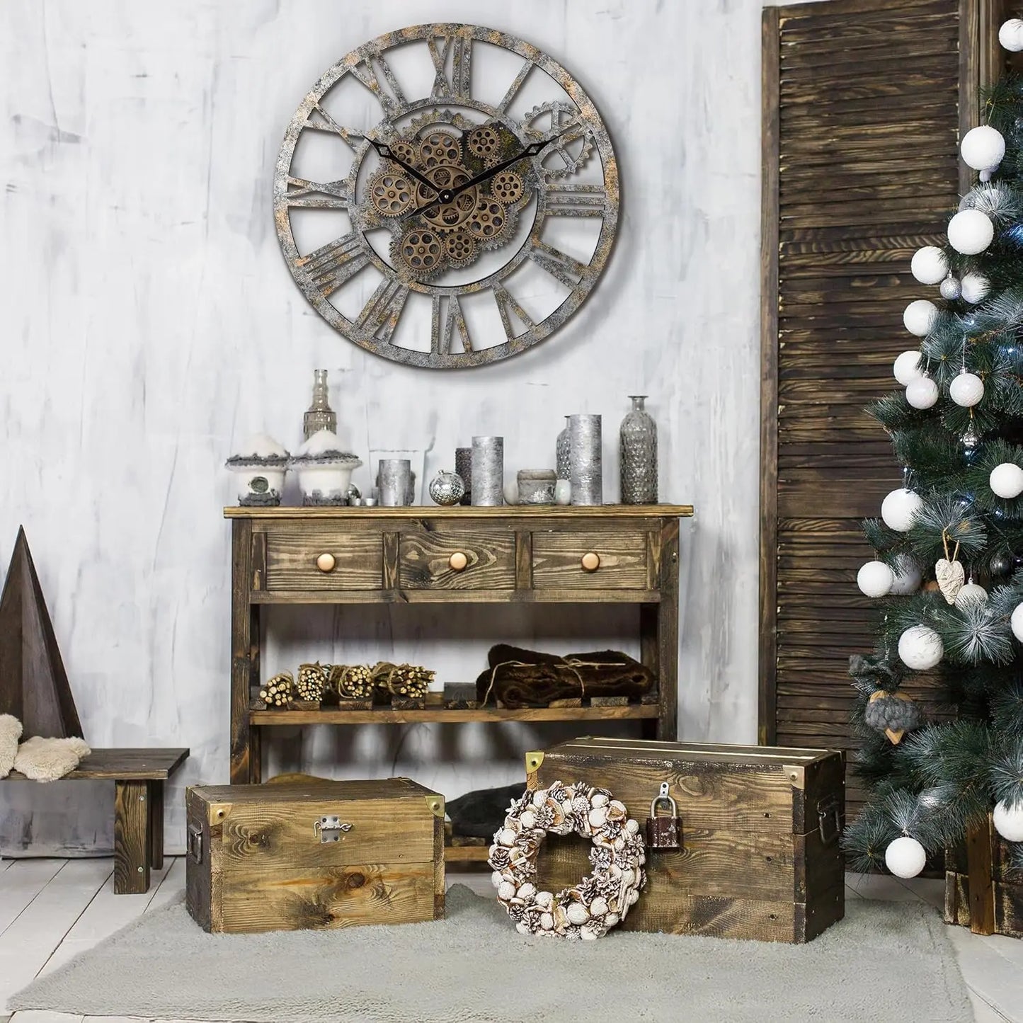 23 Inch Steampunk Moving Gear Wall Clock, Rustic Farmhouse Wooden Large Decor
