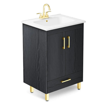 Fully Pre-Assembled 24 inch White Bathroom Vanity with Ceramic Sink Combo, 2 Soft Close Doors and 1 Drawer Bathroom, Customized