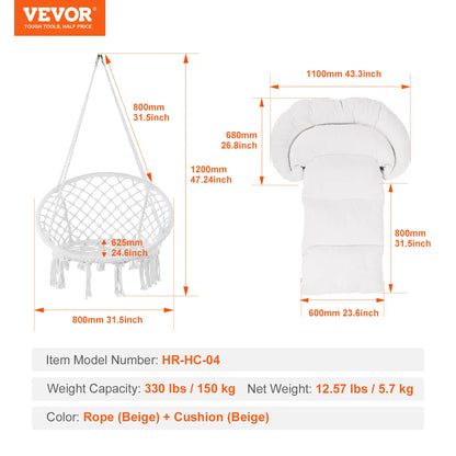330lbs Macramé Hanging Rope Swing Chair for Bedroom, Balcony, Patio or Garden