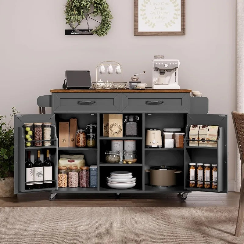 RALGEND Kitchen Island with Power Outlets & Drop Leaf, Kitchen Cart with Storage, Drawer and Spice Rack, Tower Rack